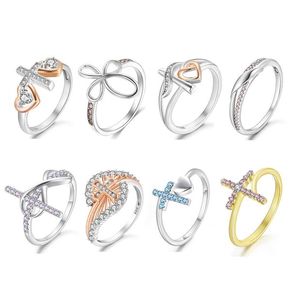 Personnalisé 925 en argent sterling plaqué or 14 carats rose infini coeur cubique zircon croix bague deux tons anneaux bijoux femmes