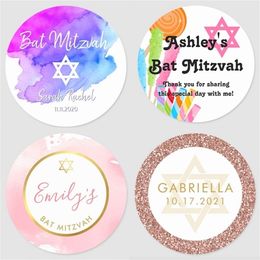 Pegatinas personalizadas de Bat Mitzvah, sellos de invitación, etiqueta personalizada hebrea, nombre, fecha, favores de fiesta, caja de regalo, decoración 220613