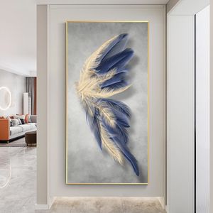 Aangepaste blauwe abstracte veer canvas schilderen Noordse poster en prints muur kunstfoto voor woonkamer luxe cuadros