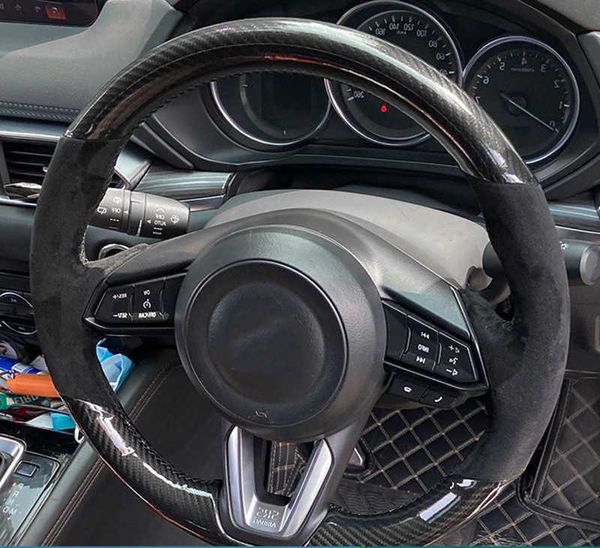 Protector personalizado para volante de coche antideslizante fibra de carbono trenza de gamuza para Mazda 3 Axela 2017-2018 Mazda 6 Atenza CX-3 CX-5 CX-9