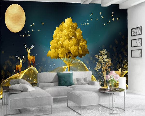 Papier peint personnalisé animal de bande dessinée 3D Golden Streamer Ling Deer atmosphère senior salon intérieur TV fond décoration fonds d'écran