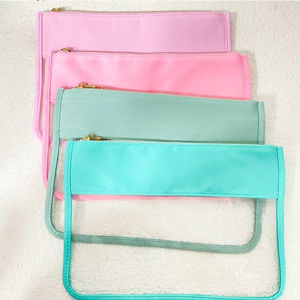 Bolsas de nailon planas personalizadas, bolsa de cosméticos impermeable de PVC con letras bordadas de lavanda con cremallera, bolsa para regalo de mujer RRA