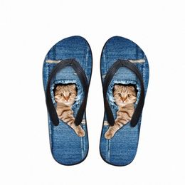 Personnalisé mignon animal de compagnie denim chat imprimé femmes pantoufles d'été plage en caoutchouc tongs mode filles cowboy bleu sandales chaussures j9rZ #