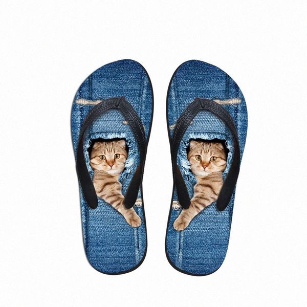 Personnalisé Mignon Pet Denim Cat Imprimé Femmes Pantoufles Summer Beach Caoutchouc Tongs Mode Filles Cowboy Bleu Sandales Chaussures X2hE #