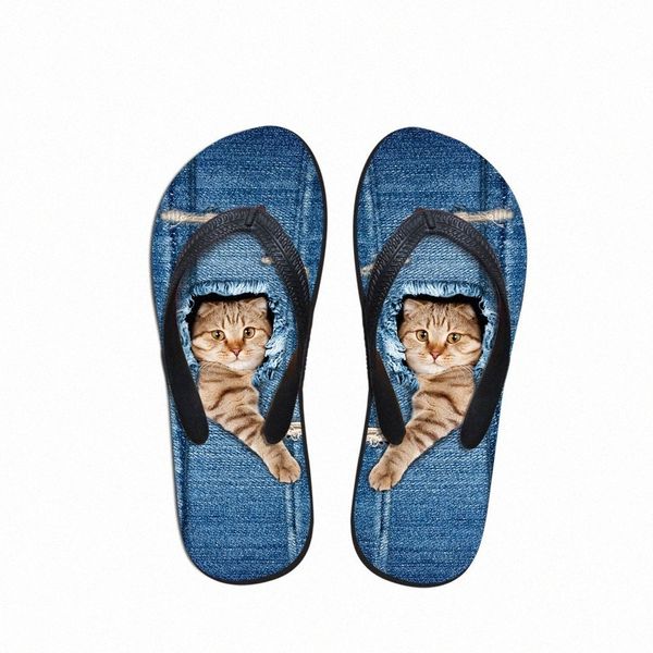 Personalizado lindo mascota Denim gato impreso mujeres zapatillas verano playa chanclas de goma moda para chicas vaquero sandalias azules zapatos K05B #