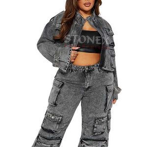Veste en jean respirante de conception personnalisée pour les femmes veste en jean recadrée col zippé poches cargo avant veste