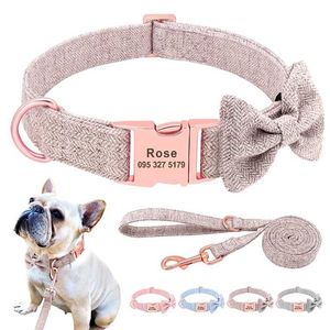 Conjunto de correa de Collar de perro personalizado, collares personalizados de alta calidad para mascotas con pajarita, perros ajustables, grabado gratis 211022