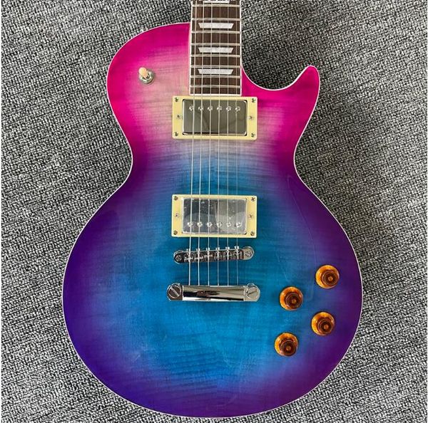 Guitare électrique personnalisée, finition à motif de flamme de tigre dégradé bleu violet, touche en bois de rose, livraison gratuite