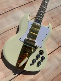 Guitare électrique personnalisée, guitare électrique SG, blanc crème, vibrato doré, en stock, emballage éclair