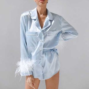 Pyjama luxueux et élégant personnalisé en plumes d'autruche amovibles en Satin à manches longues pour femmes