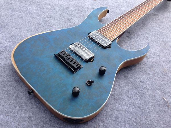 Guitarra eléctrica personalizada de 7 cuerdas, cuerpo de ceniza hecho a mano de alta calidad, color azul mate, Burl Top