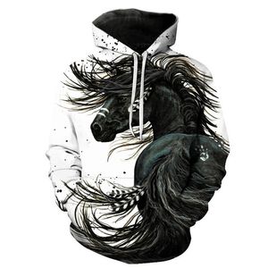 Sweats à capuche personnalisés sweat à capuche pour hommes noir cheval encre point 3D numérique imprimé animal cheval hommes pullover décontracté pull