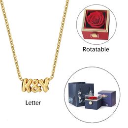 Collier initial personnalisé A B ETERNAL ROSE BOX 3D nid d'abeille et fleur REALROSE boîte-cadeau en forme de coeur cadeau pour femme de la Saint-Valentin 240104