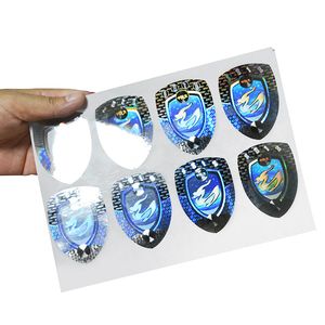 Aangepaste onregelmatige afdruklaser zilveren holografische label sticker glanzende 3D anti-valse veiligheidslabels