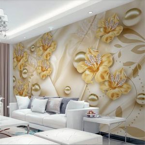 Personnalisé Grands peintures murales Mode Accueil Décoration Gold Bijoux Fleurs 3D Belle TV Fond d'écran mural