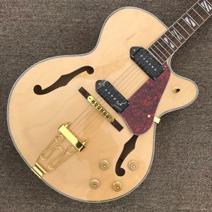 Aangepaste linkergitaar, holle jazz elektrische gitaar, P90 pick-up truck, gouden hardware, Tune-o-Matic Bridge, gratis verzending