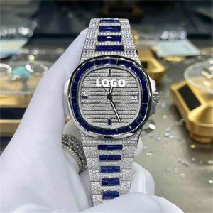 Aangepaste luxe t-saffierhorloge 5711 volautomatisch ijsblokjeskelet 18k goud Vvs Moissanite diamanten horloges