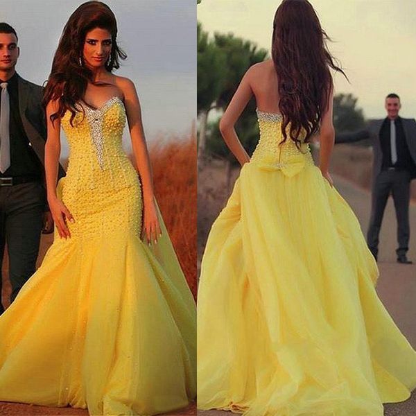 Vestidos de Noche de sirena con escote corazón hechos a medida con cuentas perlas amarillas rebordear vestido de graduación vestidos para festa