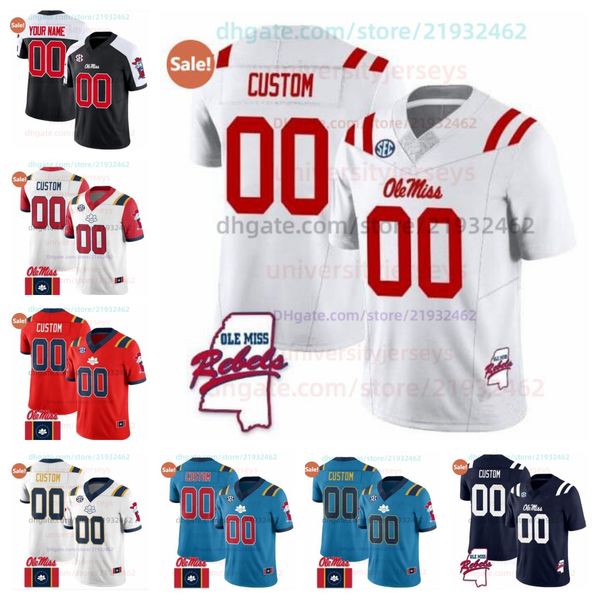 Maillot de football personnalisé Ole Miss Rebels 25 Trey Washington 4 Quinshon Judkins 7 Walker Howard N'IMPORTE QUEL NOM N'IMPORTE QUEL NUMÉRO HOMMES FEMMES JEUNES TOUT COUSU Drapeau Patch Rebels Carte