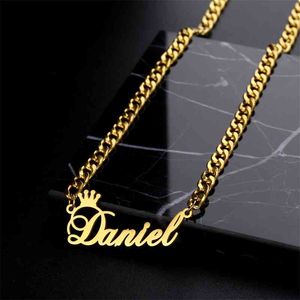 Collares de nombre personalizados para hombres y mujeres, placa de identificación de cadena cubana de acero inoxidable personalizada de 5mm con colgante de corona, joyería