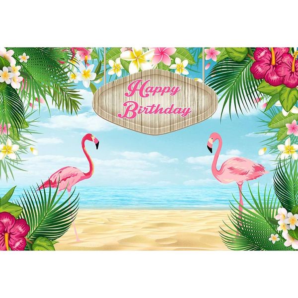 Fondo de fiesta de cumpleaños de flamenco rosa personalizado impreso palmera verde hojas flores cielo azul playa foto fondo