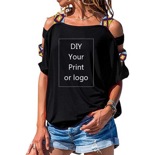 Camiseta con estampado personalizado para mujer DIY tu foto o camiseta superior mujer manga corta Sexy ahueca hacia fuera la parte superior del hombro Y0621