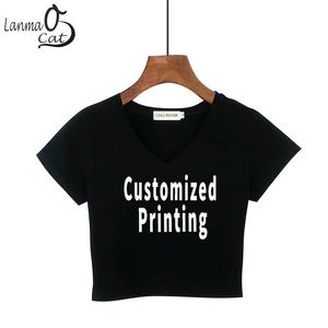 Personnalisé imprimé coton col en V chemises blanc haut court t-shirt Femme personnalisé bricolage lettres imprimer taille haute 220614