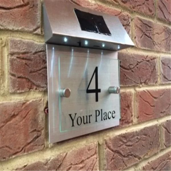 Placa de señal personalizada, número de puerta, vidrio de calle, efecto de aluminio, luz Solar, luz en forma de número para casa, placa de puerta, letra 231226