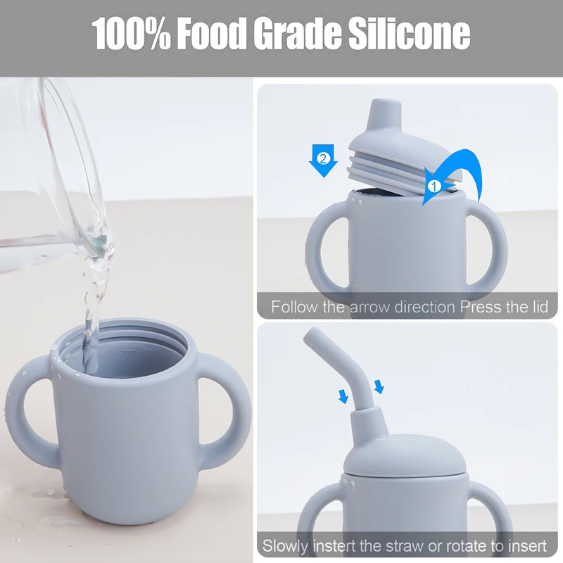 Aangepaste siliconen voeding vloeistofvoeding Straw cup opvouwbare kinderen drinkbeker dubbele lekkendichte waterfles baby spul
