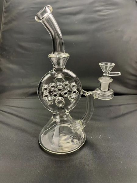 Accesorios para fumar personalizados Colector de cenizas Bubbler Hookahs Bong de vidrio azul claro Plataforma petrolera Conector interno de 14 mm Bola de burbuja adicional personalizada