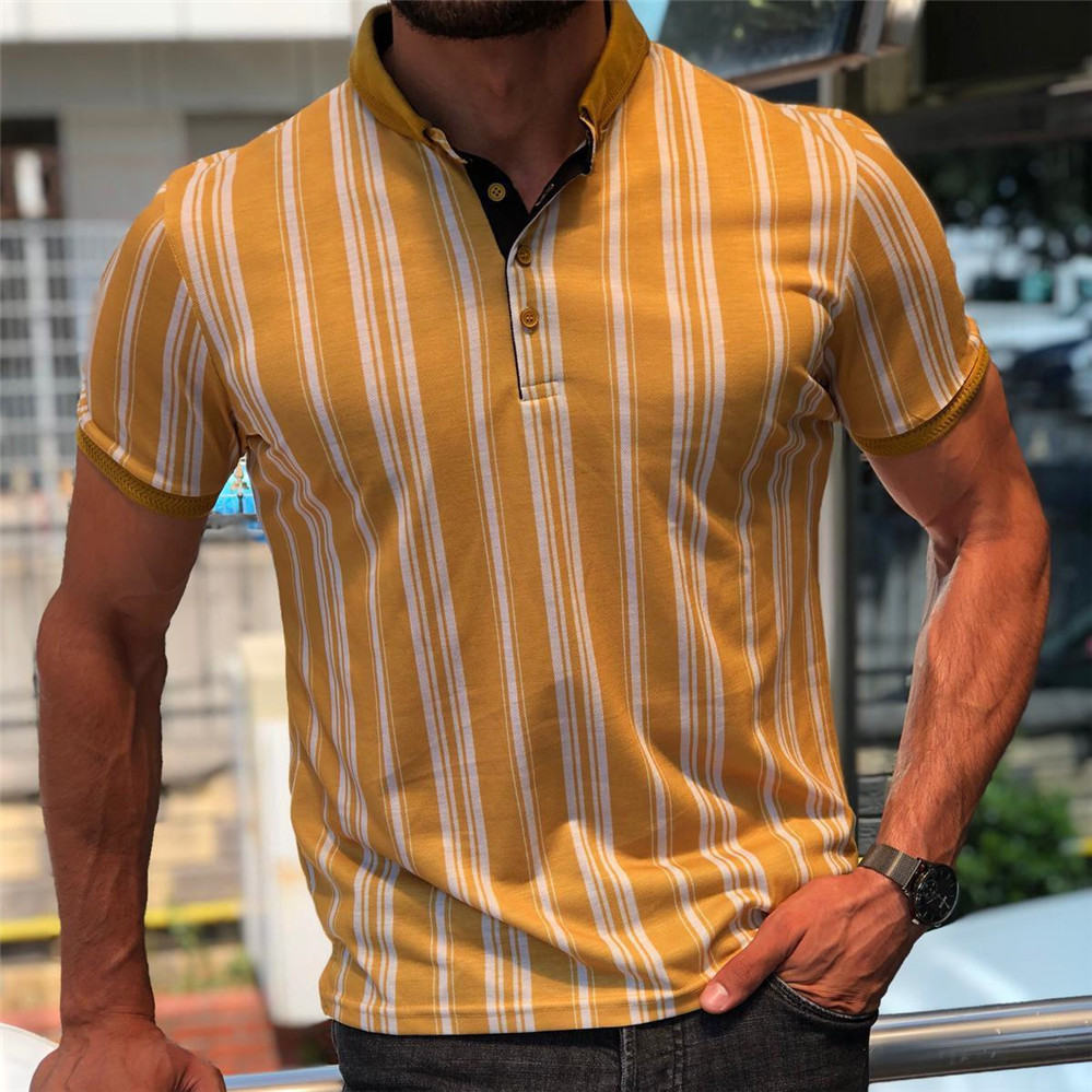 T-shirt personalizzate Polo 082 Strisce gialle e bianche Camicia da polo a maniche corte con stampa di bottoni a manica corta da uomo nuova