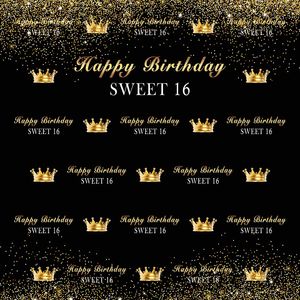 Texto personalizado doce 16 pano de fundo cor preta impresso coroas de ouro princesa menina festa de aniversário decoração foto cabine fundo