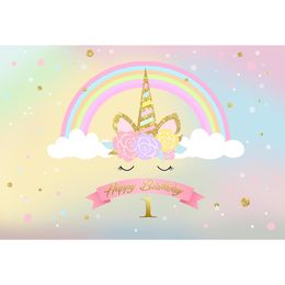 Aangepaste Unicorn Rainbow Achtergrond Pasgeboren Baby Douche Props Gedrukt Gouden Polka Dots Kids Birthday Party Photo Booth achtergrond