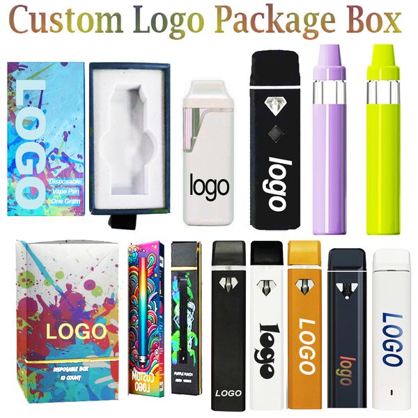 Boîtes d'emballage de stylo Vape personnalisées 1 ml 2 ml 3 ml dosettes de vaporisateur vides cigarettes électroniques jetables chariots à huile épais batterie rechargeable 280 mah sacs en Mylar avec logo personnalisé