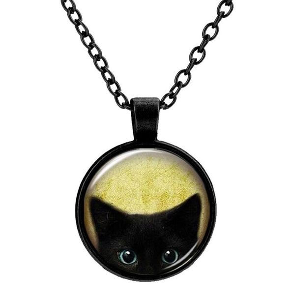 Personnalisé Vintage verre chats charmes collier argent Antique Bronze mat noir magique temps gemme pendentif pull collier cadeau Jewelr221a