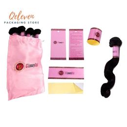 Ensemble d'emballage de cheveux vierges personnalisé, enveloppes de paquets de cheveux, autocollants en papier, étiquettes volantes, sacs d'emballage en Satin de soie 293E