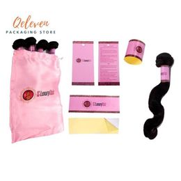 Ensemble d'emballage de cheveux vierges personnalisé, enveloppes de paquets de cheveux, autocollants en papier, étiquettes volantes, sacs d'emballage en Satin de soie 2404