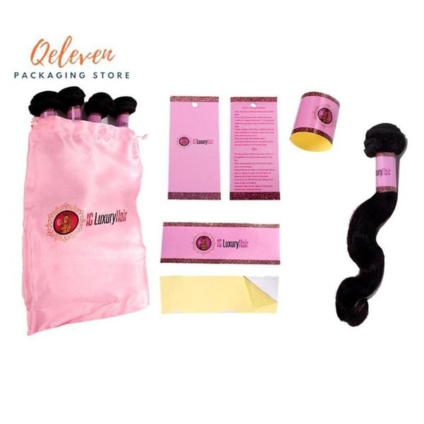 Conjunto de embalaje de cabello virgen personalizado, envolturas para paquetes de cabello, pegatinas de papel, etiquetas colgantes, bolsas de embalaje de satén de seda 229C