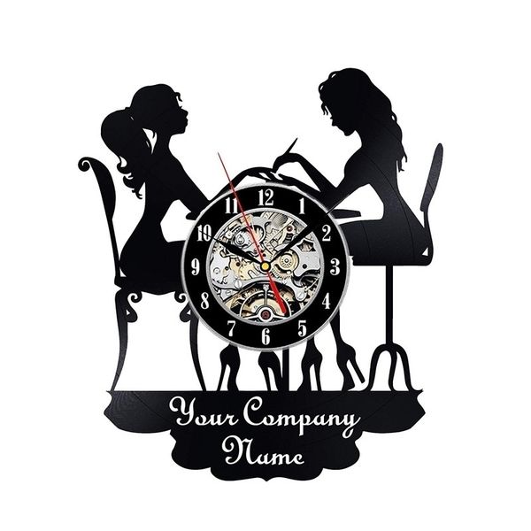 Reloj de pared personalizado DIY Nombre del salón de uñas Reloj de registro de vinilo con su logotipo Tienda de belleza Signo Decoración para el hogar Y200109