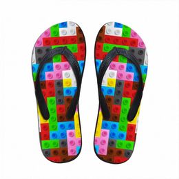 Aangepaste vrouwen flats huis slippers slipper 3D tetris print zomer mode strand sandalen voor vrouw dames flip flops rubberen flipflops j2vf #