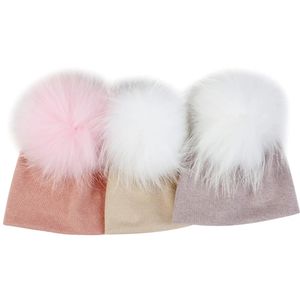 Mignon 13 Cm vraie fourrure pompon nouveau-né bonnets hiver enfant en bas âge chapeau infantile bébé filles coton doux Grils garçons couleur bonbon casquette