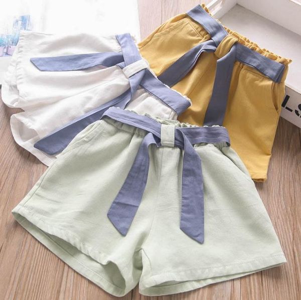 Pantalones cortos bonitos de algodón con pajarita para niñas, pantalones cortos de lino con lazo, ropa informal de príncipes INS, verano, S1071, 2021