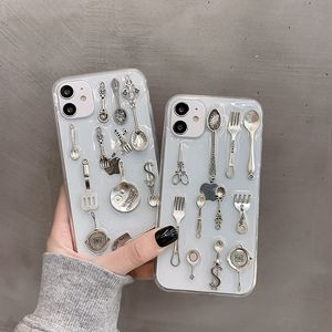 Leuke 3D Metal Kitchenware Cases Creative Simulation Metal Spoon Fork servies Cooker Transparant Clear Soft TPU -cover voor iPhone 14 13 12 11 Pro Max XR XS 7 8 SE2 Plus