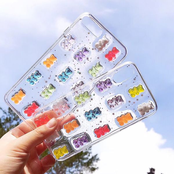 Mignon stéréo 3D Glitter Phone pour iPhone 11 11Pro Max Gummy Bear bonbons couleur pour iPhone X 6 6S 7 8 Plus XS Max XR Cover