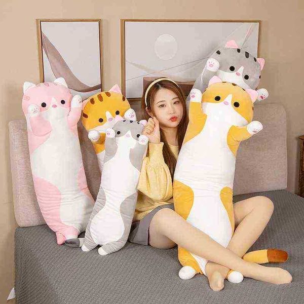 Mignon 50130Cm longs chats jouets en peluche peluche chat potelé oreiller coussin mignon marron rose gris lit sommeil oreiller décor à la maison J220729