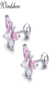 Leuke 925 Sterling Silver Butterfly Roze CZ Screw Back Stud -oorbellen voor vrouwen Kindmeisjes Kids sieraden Orecchini Aros Aretes 2115948941