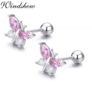 Mignon 925 argent Sterling papillon rose CZ vis arrière boucles d'oreilles pour femmes enfant filles enfants bijoux Orecchini Aros Aretes 2113285007