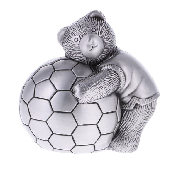 Boîte d'argent en métal en alliage mignon à l'ours étreint rugby football forme adorable banc de piggy sauvegarde du pot d'anniversaire pour les enfants