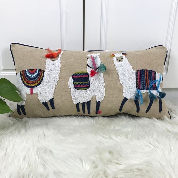 Funda de cojín de alpaca linda Funda de almohada con bordado beige con borlas para sofá Cama Rectángulo Decorativo para el hogar 30x60cm Y200103