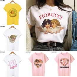 Mignon ange bébé coréen t-shirt T-shirts vêtements femmes surdimensionné Fiorucci lettre imprimer amusant Harajuku col rond hauts amples